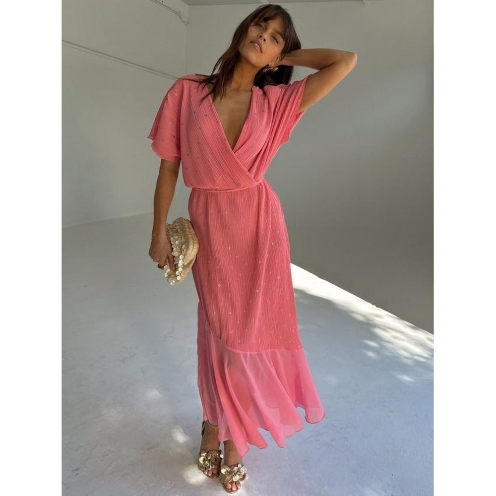 Never Fully Dressed asymmetric dropped hem plisse midaxi dress in bright pink M